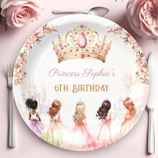 Princess Crown Pink Gold Floral Girl Birthday Paper Plate