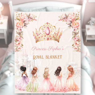 Princess Crown Pink Gold Floral Girl Name Fleece Blanket