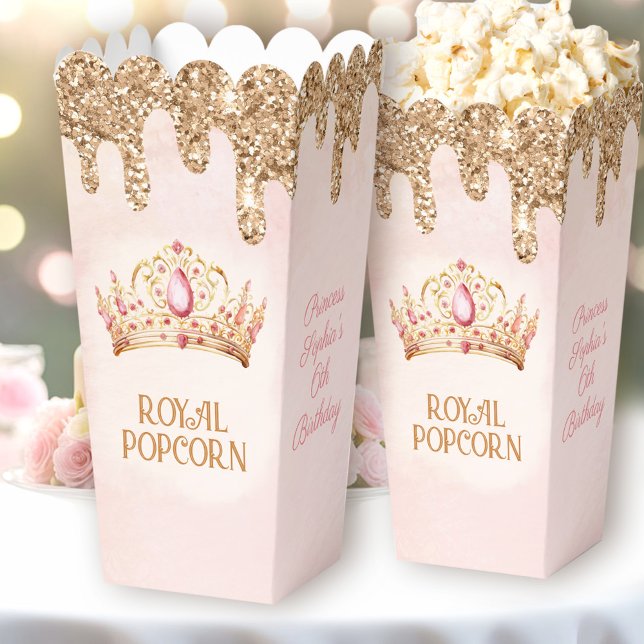 Princess Crown Pink Gold Glitter Birthday Popcorn Favour Box (Princess Crown Pink Gold Glitter Birthday Popcorn Favor Boxes)