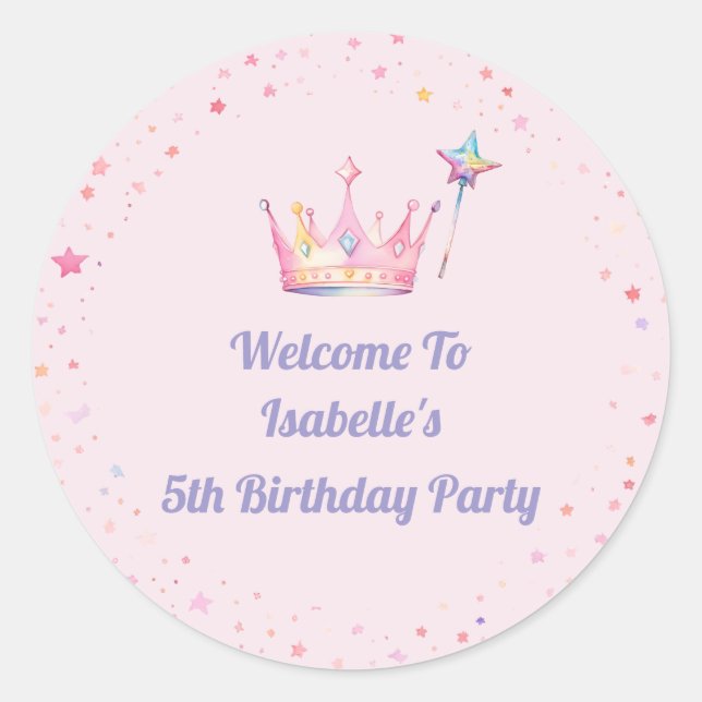 Princess Crown Pink Little Girl 5th Birthday Classic Round Sticker (Front)