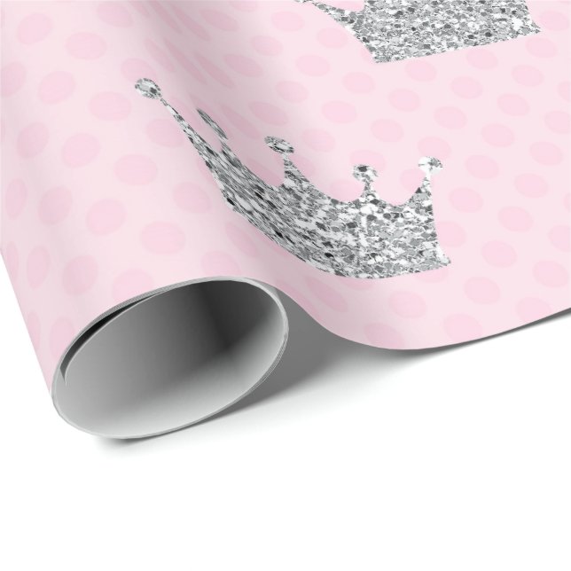 Princess Crown Pink Silver Dots Shiny Vip Wrapping Paper (Roll Corner)