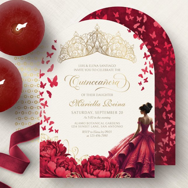 Princess Crown Red Floral Dress Quinceanera Invitation (Creator Uploaded)