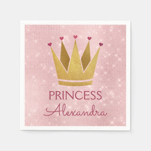 Princess Crown Rose Gold Blush Pink Sparkle Napkin (Front)
