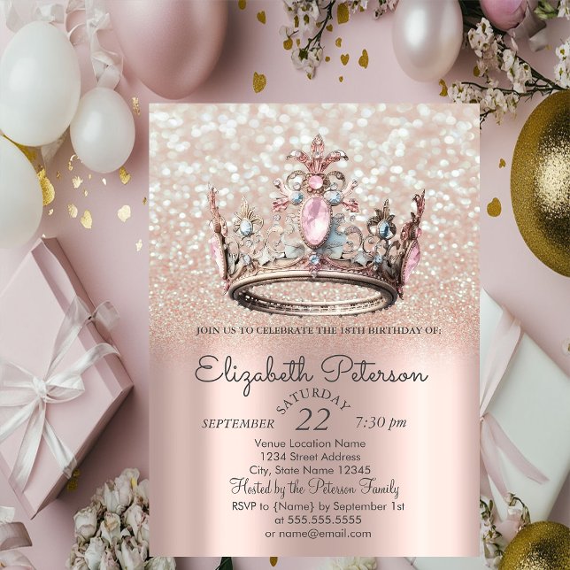 Princess Crown Rose Gold Bokeh 18th Birthday  Invitation (Creator Uploaded)
