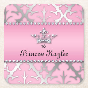 Princess Crown Sweet 16 Quinceanera Damask Coaster