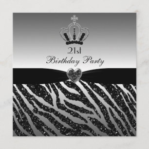 Princess Crown Zebra Glitter 21st Birthday Invitation