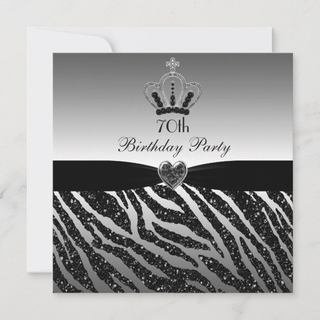 Princess Crown Zebra Glitter 70th Birthday Invitation (Front)