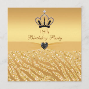 Princess Crown & Zebra Glitter Print 18th Birthday Invitation