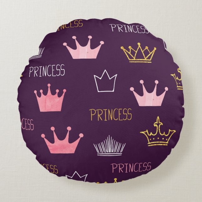 Princess crowns: watercolor glitter pattern. round cushion (Front)