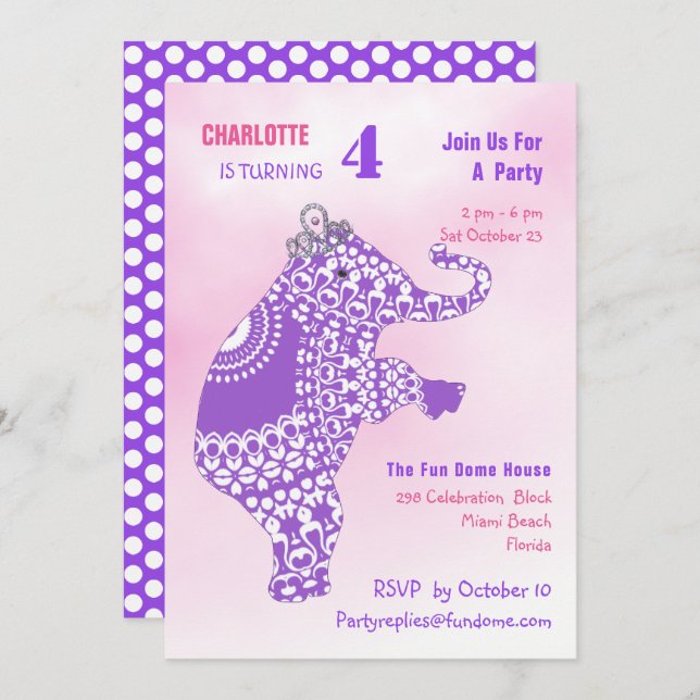 Princess Cute Elephant Girls Birthday Party Invitation (Front/Back)