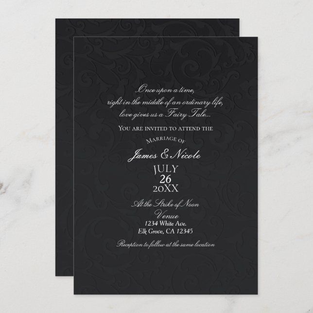 Princess Damask Black Elegant Storybook Wedding Invitation (Front/Back)