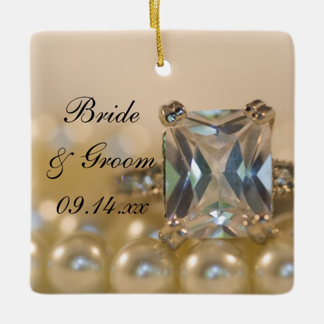 Princess Diamond Ring and Pearls Wedding Ceramic Ornament (Front)
