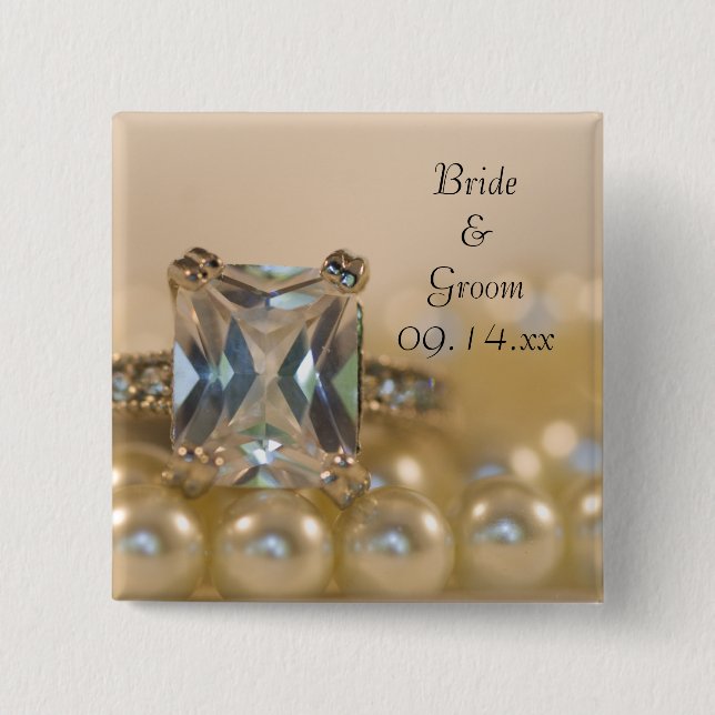Princess Diamond Ring and White Pearls Wedding 15 Cm Square Badge (Front)