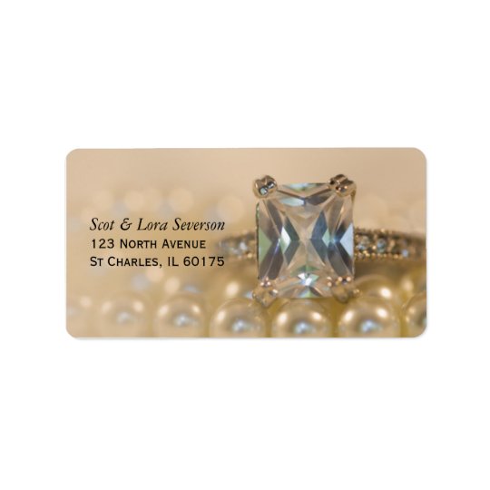 Princess Diamond Ring and White Pearls Wedding Address Label