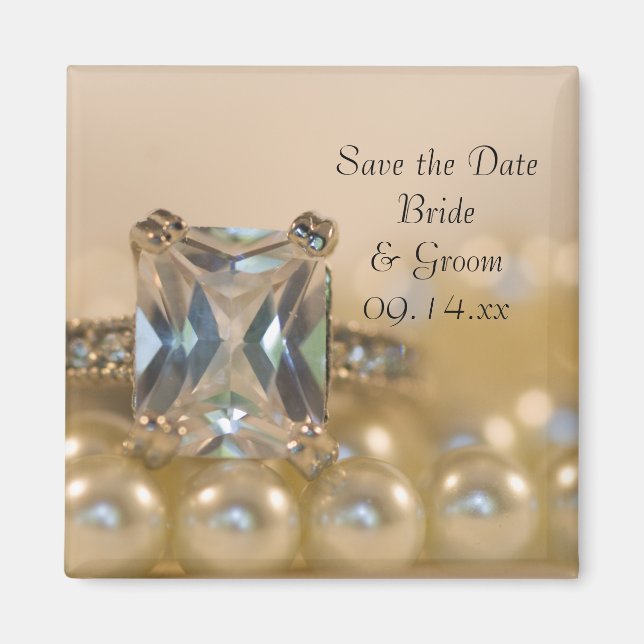 Princess Diamond Ring Pearls Wedding Save the Date Magnet (Front)