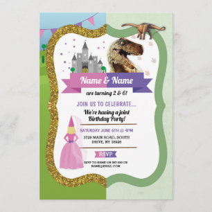 Princess & Dinosaur Boy Girl Birthday Dino Castle Invitation