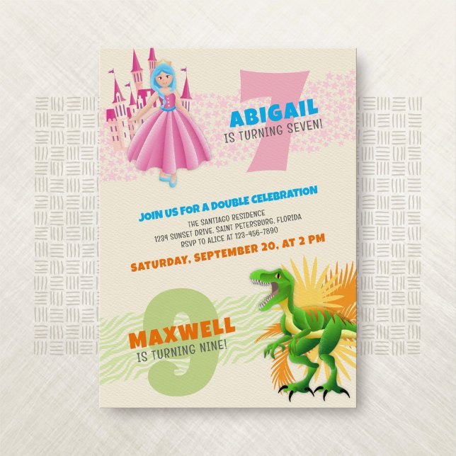 Princess Dinosaur Joint Double Birthday Invitation (Creator Uploaded)