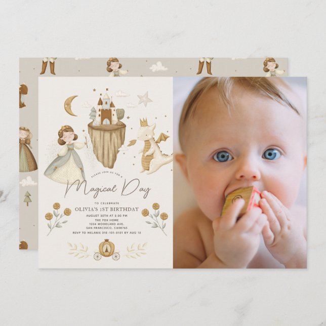Princess Dragon Boho Fairytale 1st Birthday Photo Invitation (Front/Back)