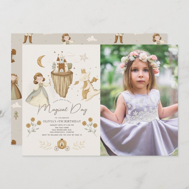 Princess & Dragon Boho Fairytale Birthday Photo Invitation (Front/Back)