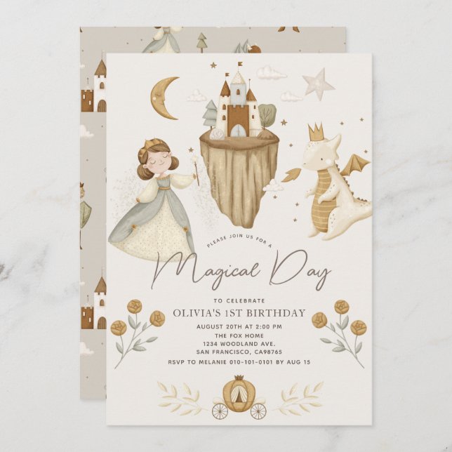 Princess & Dragon Boho Fairytale Girl 1st Birthday Invitation (Front/Back)