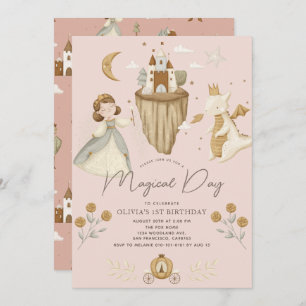 Princess & Dragon Boho Fairytale Pink 1st Birthday Invitation