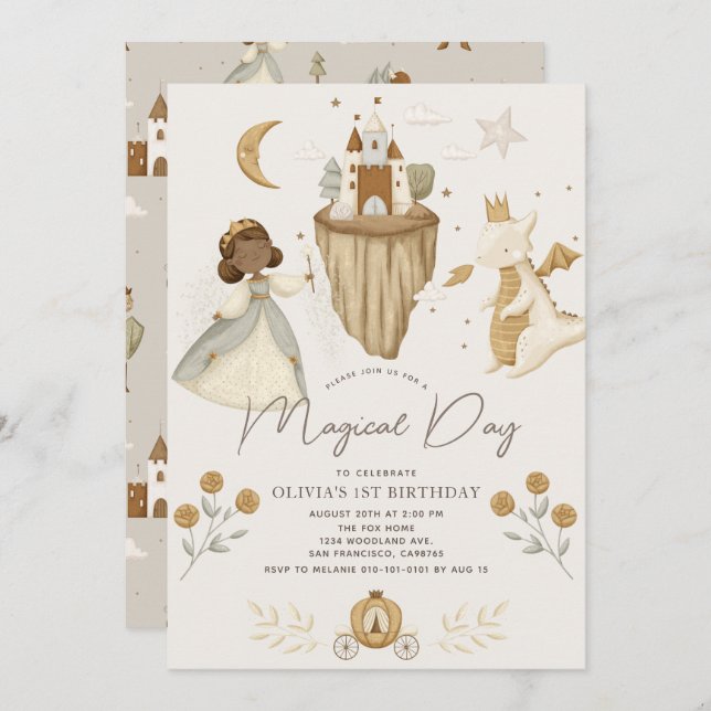 Princess Dragon Fairytale Dark Skin 1st Birthday Invitation (Front/Back)