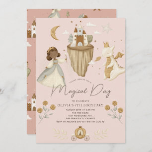 Princess Dragon Fairytale Dark Skin Pink Birthday Invitation