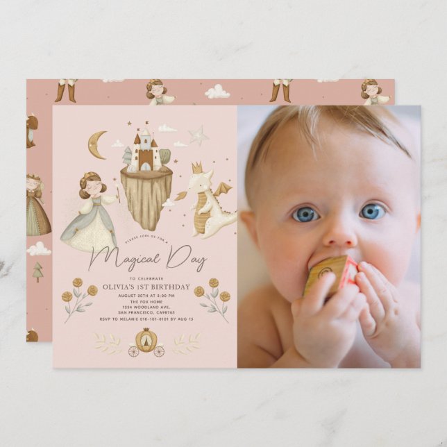 Princess Dragon Fairytale Pink 1st Birthday Photo Invitation (Front/Back)