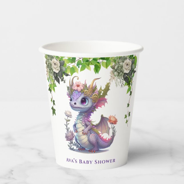 Princess Dragon with Florals Girl Baby Shower Paper Cups (Front)