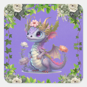 Princess Dragon with Florals Girl Baby Shower Square Sticker