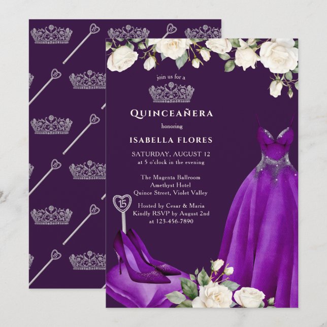 Princess Dress and Roses Purple Quinceanera Invitation (Front/Back)