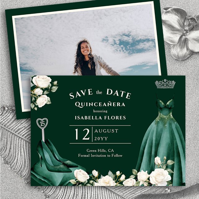 Princess Dress and White Roses Emerald Green Photo Save The Date (Quinceanera Save the Date from Princess Dress and Roses Quinceanera Collection by Darling & May)