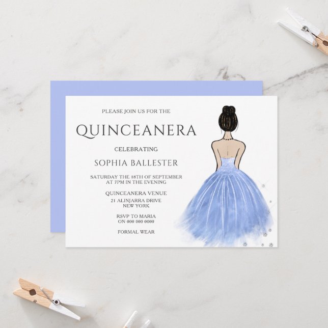 Princess Dress Blue Wonderland Quinceanera Party Invitation (Front/Back In Situ)