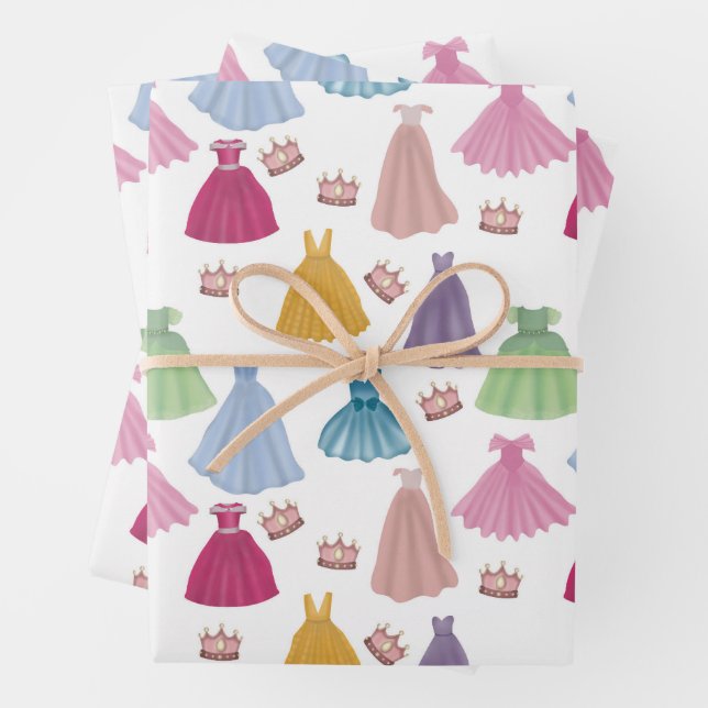 Princess Dresses Fairytale Little Girl Pattern Wrapping Paper Sheet (In situ)