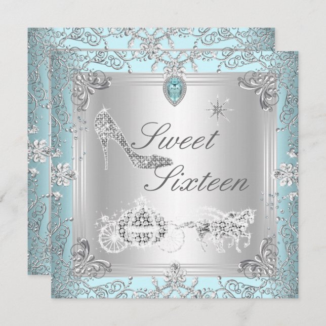 Princess Elegant Diamond Blue Sweet 16 Sixteen Invitation (Front/Back)