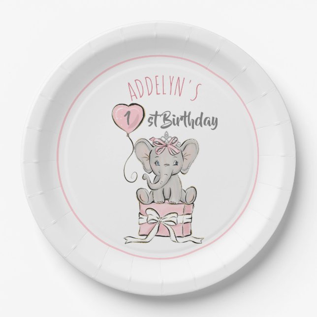 Princess Elephant Balloon Child's Birthday Paper Plate (Front)