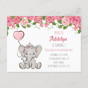 Princess Elephant Child's 1st Birthday Pink Floral Invitation Postcard
