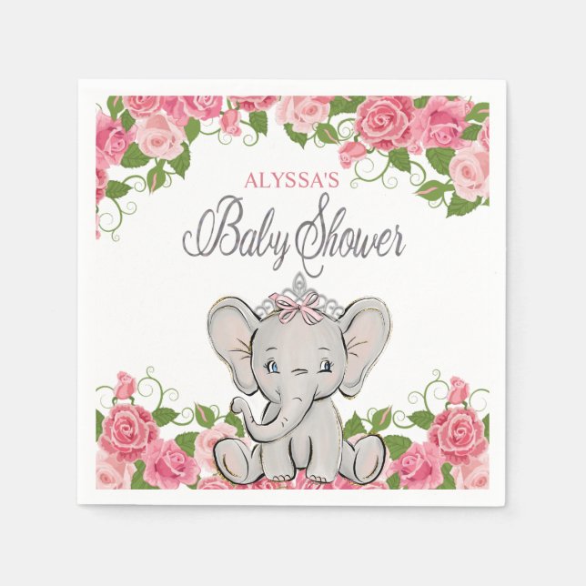Princess Elephant Tiara Pink Floral Baby Shower Napkin (Front)