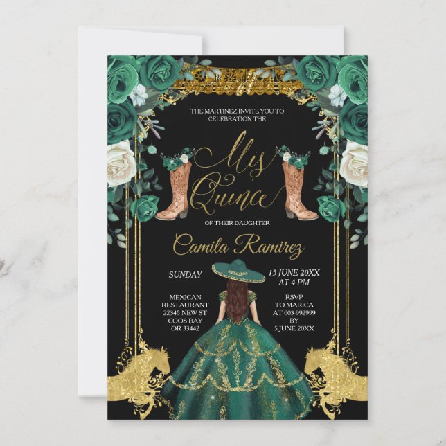 Princess emerald Green & Gold Charra Mis Quince Invitation (Front)