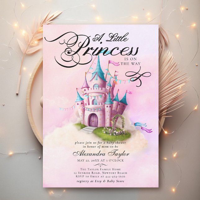 Princess Fairytale Castle Pink Baby Girl Shower Invitation (princess baby shower invitation pink fairytale enchanted magical castle watercolor cute modern)