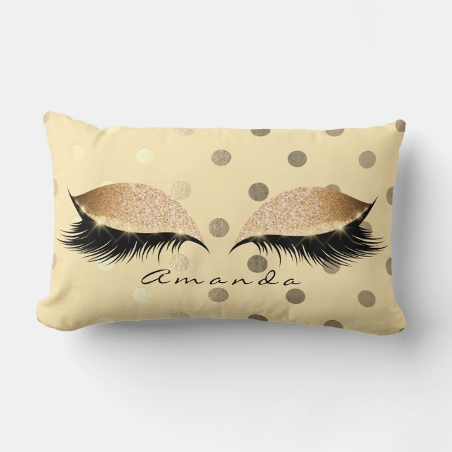 Princess Faux Gold Glitter Lashes Name Dots Lumbar Cushion (Front)