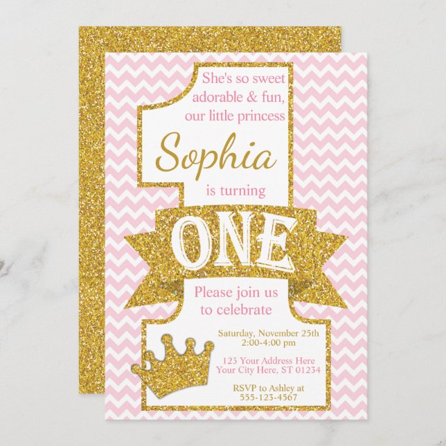 Princess First Birthday Invitation | Pink and Gold (Front/Back)