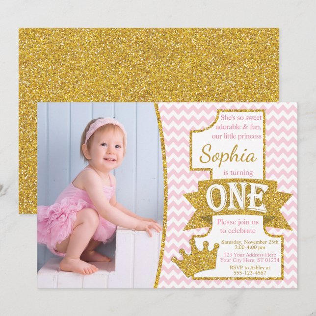 Princess First Birthday Invitation | Pink and Gold (Front/Back)