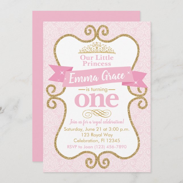 Princess First Birthday Pink and Gold Party Invitation (Front/Back)