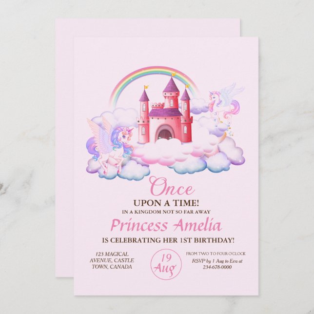 Princess First Birthday Pink Castle Unicorns 1st Invitation (Front/Back)