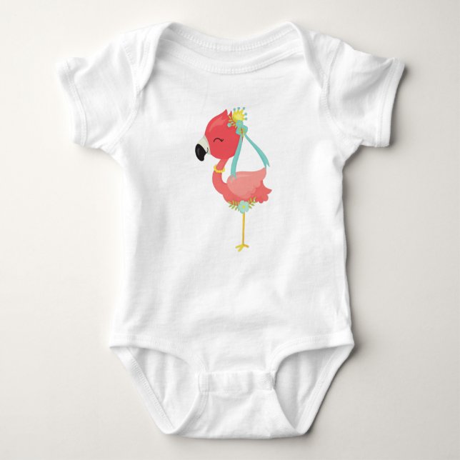 Princess Flamingo, Crown, Flowers, Cute Flamingo Baby Bodysuit (Front)