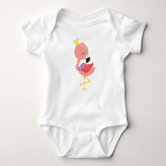 Princess Flamingo, Cute Flamingo, Crown, Flowers Baby Bodysuit (Front)
