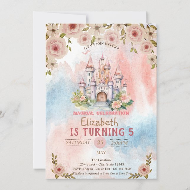 Princess Floral Castle Watercolor Birthday Invitation (Front)