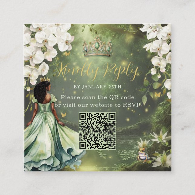 Princess & Frog Green Dress Sweet 16 Quince XV QR Enclosure Card (Front)