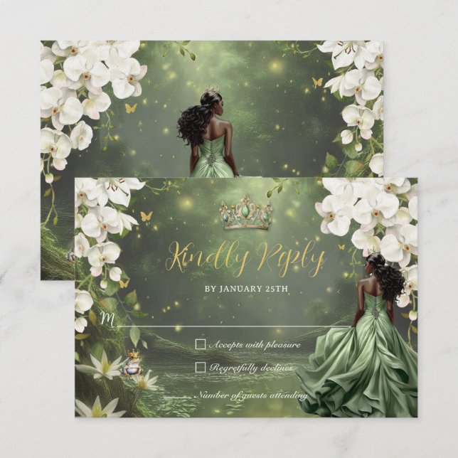 Princess & Frog Green Dress Sweet 16 Quinceanera RSVP Card (Front/Back)